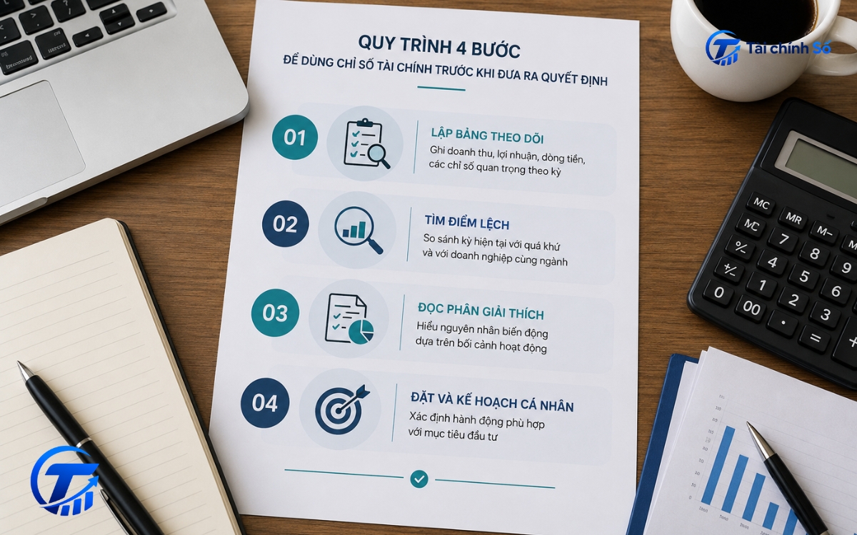 Sơ đồ quy trình bốn bước đọc chỉ số tài chính trước khi đầu tư