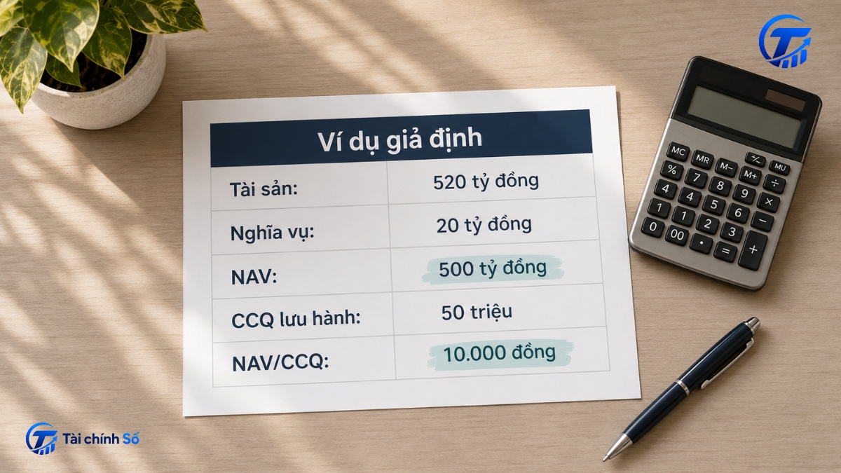 Ví dụ tính NAV từ tài sản, nghĩa vụ và số chứng chỉ quỹ