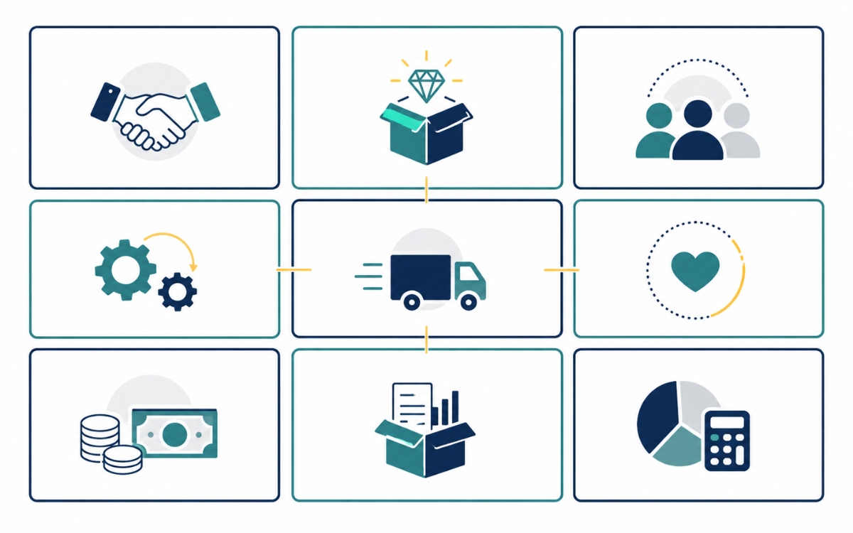 Minh họa Business Model Canvas gồm chín khu vực để mô tả mô hình kinh doanh