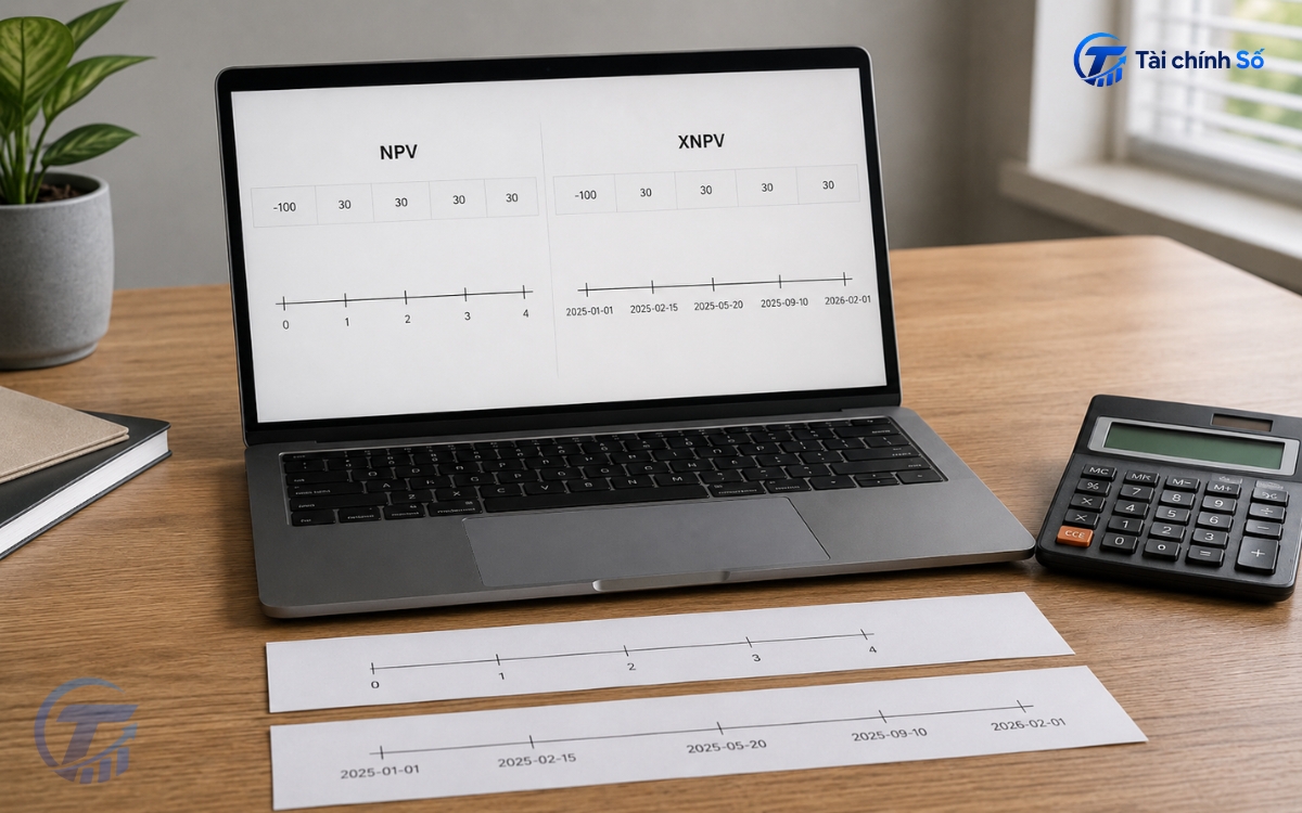 Laptop minh họa dòng tiền định kỳ của NPV và ngày không đều của XNPV