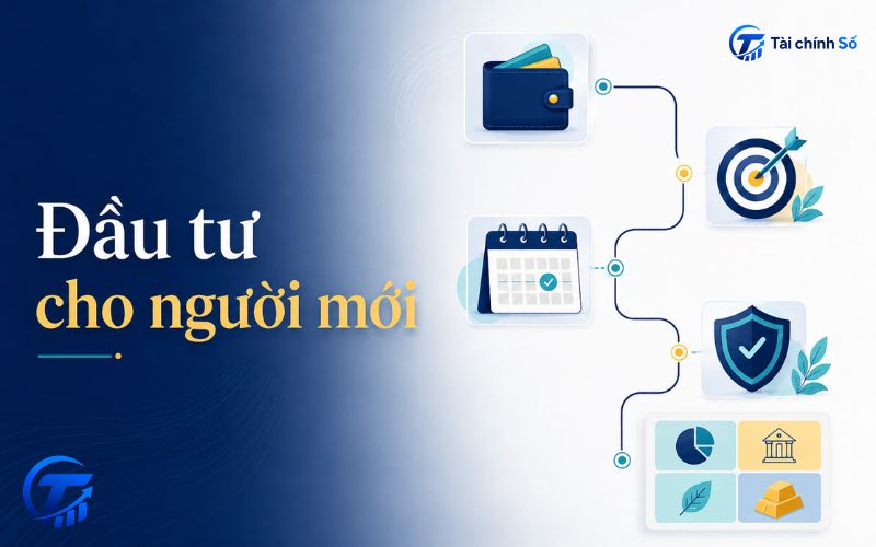 Minh họa hành trình người mới chuẩn bị đầu tư từ mục tiêu, tiền dự phòng và quản trị rủi ro đến danh mục
